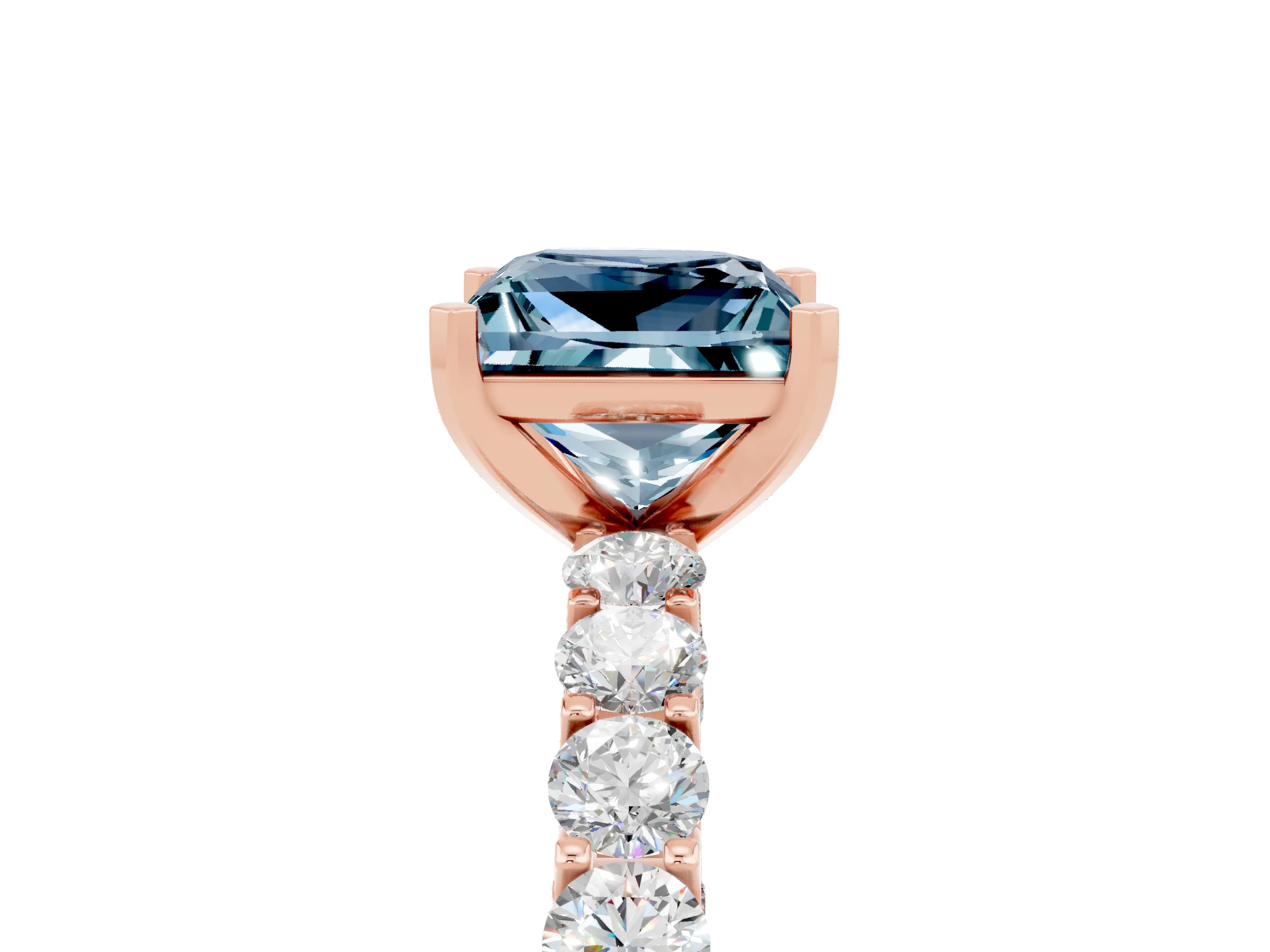 Rose gold Princess Cut Aquamarine Solitaire Ring with Shared Prong Pavé Band and Four-Prong Setting_5