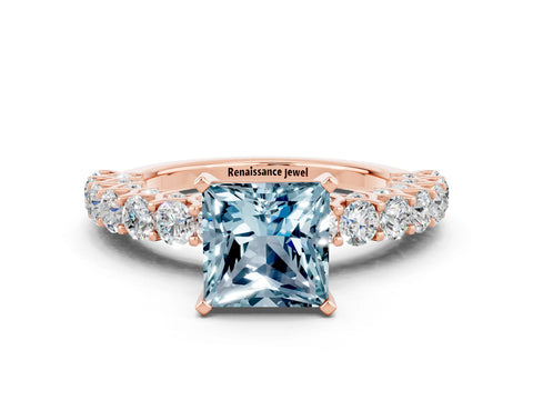 Rose gold Princess Cut Aquamarine Solitaire Ring with Shared Prong Pavé Band and Four-Prong Setting