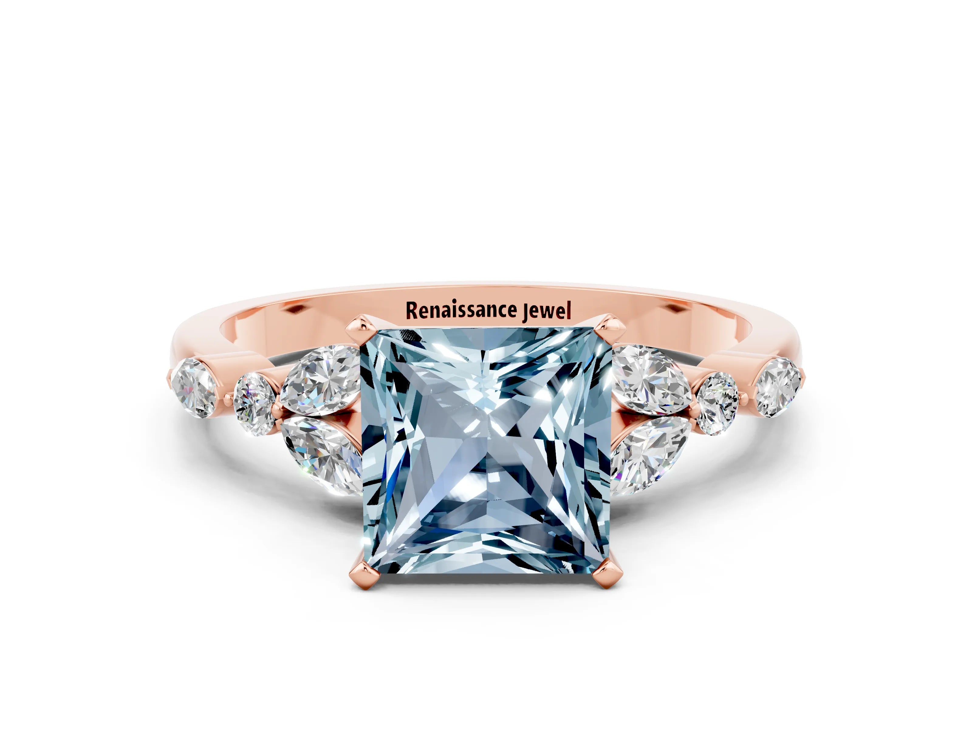 Rose gold Princess Cut Aquamarine Solitaire Ring with Side Stones and Four-Prong Setting_12