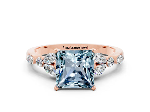 Rose gold Princess Cut Aquamarine Solitaire Ring with Side Stones and Four-Prong Setting_12