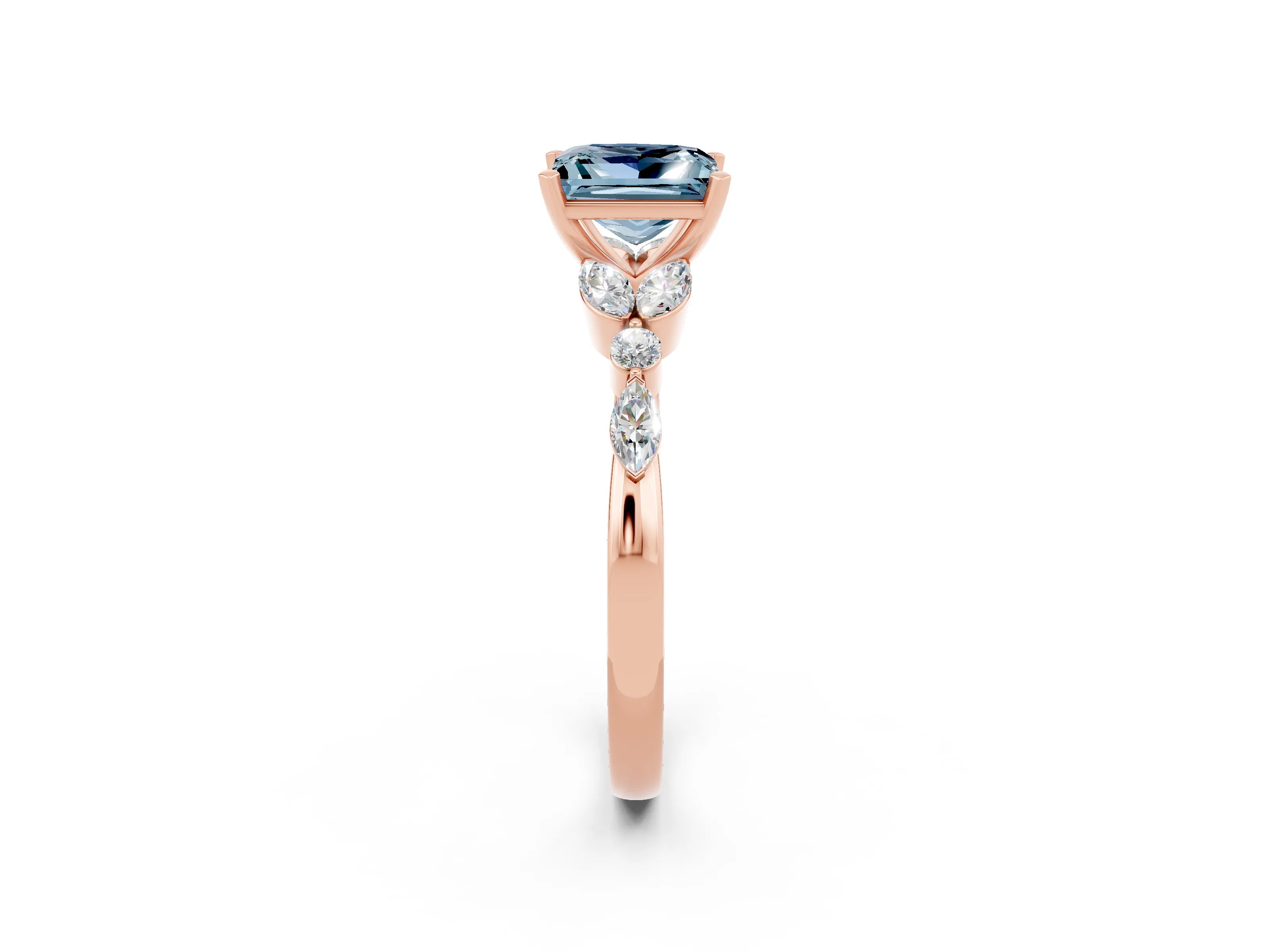 Rose gold Princess Cut Aquamarine Solitaire Ring with Side Stones and Four-Prong Setting_14