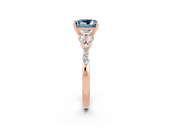 Rose gold Princess Cut Aquamarine Solitaire Ring with Side Stones and Four-Prong Setting