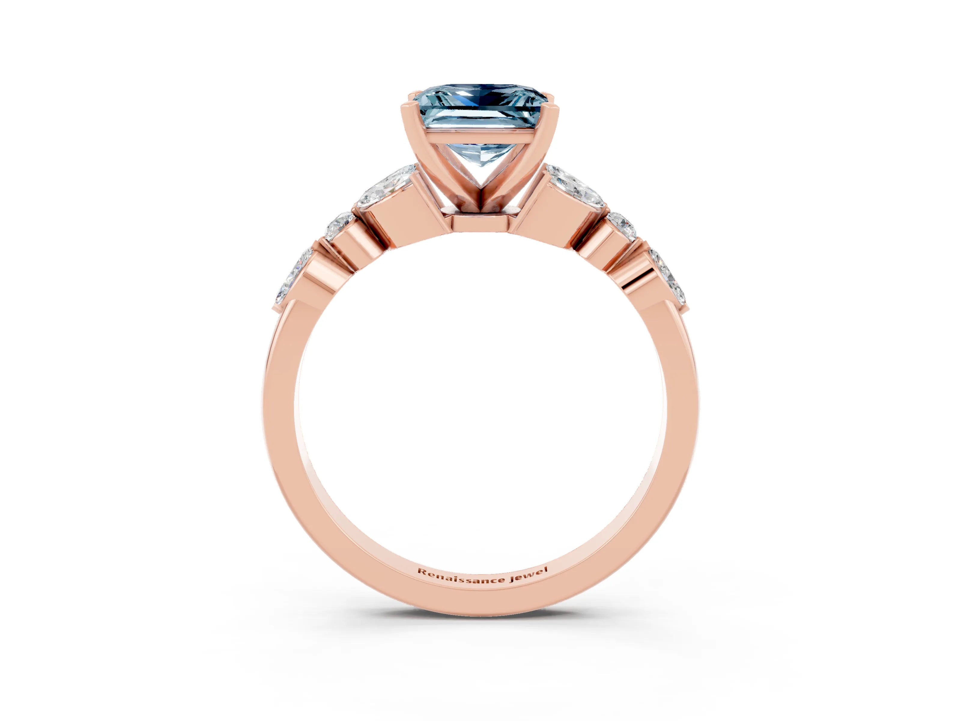 Rose gold Princess Cut Aquamarine Solitaire Ring with Side Stones and Four-Prong Setting_15