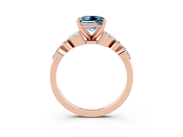 Rose gold Princess Cut Aquamarine Solitaire Ring with Side Stones and Four-Prong Setting