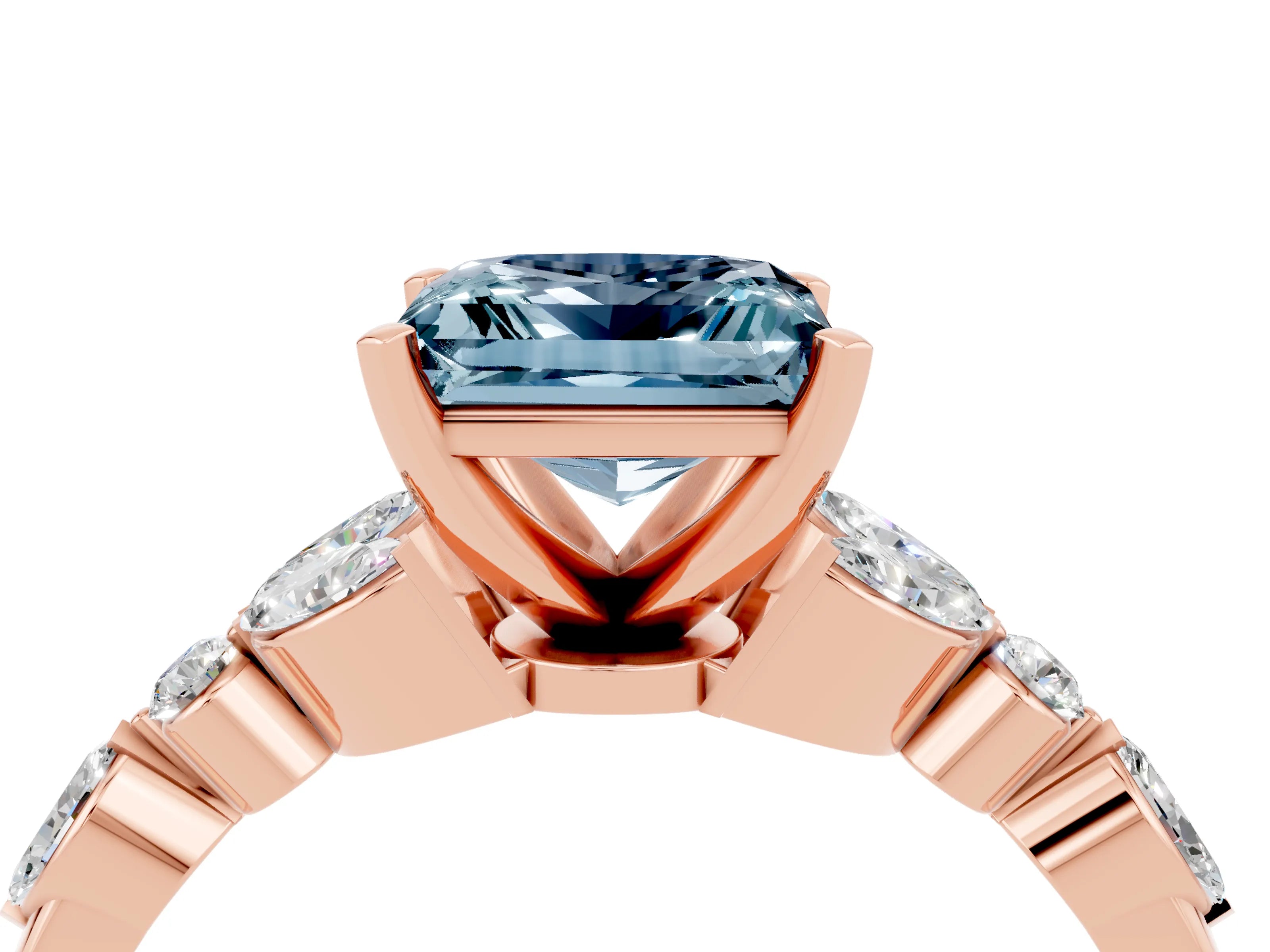 Rose gold Princess Cut Aquamarine Solitaire Ring with Side Stones and Four-Prong Setting_16