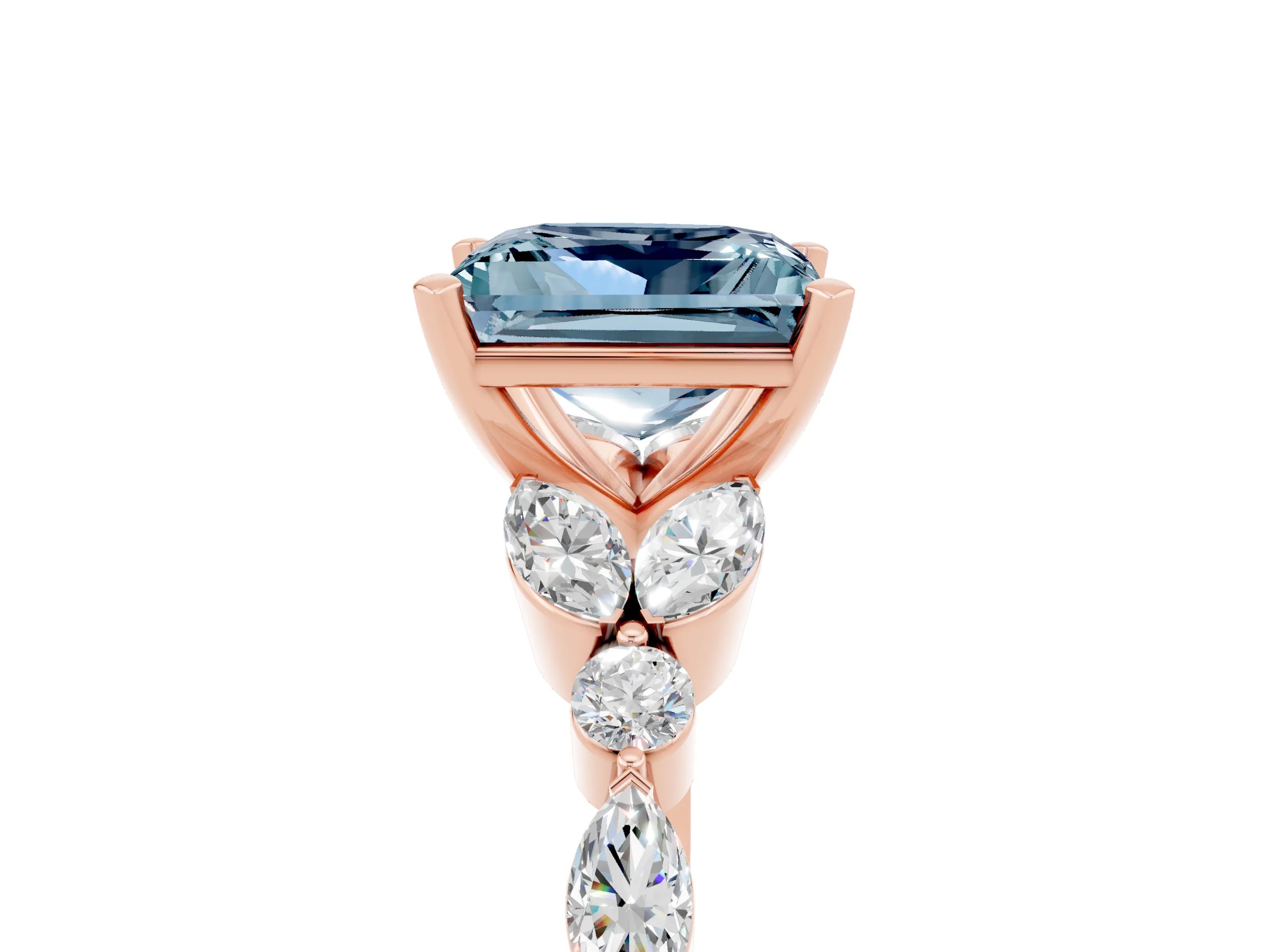 Rose gold Princess Cut Aquamarine Solitaire Ring with Side Stones and Four-Prong Setting_17