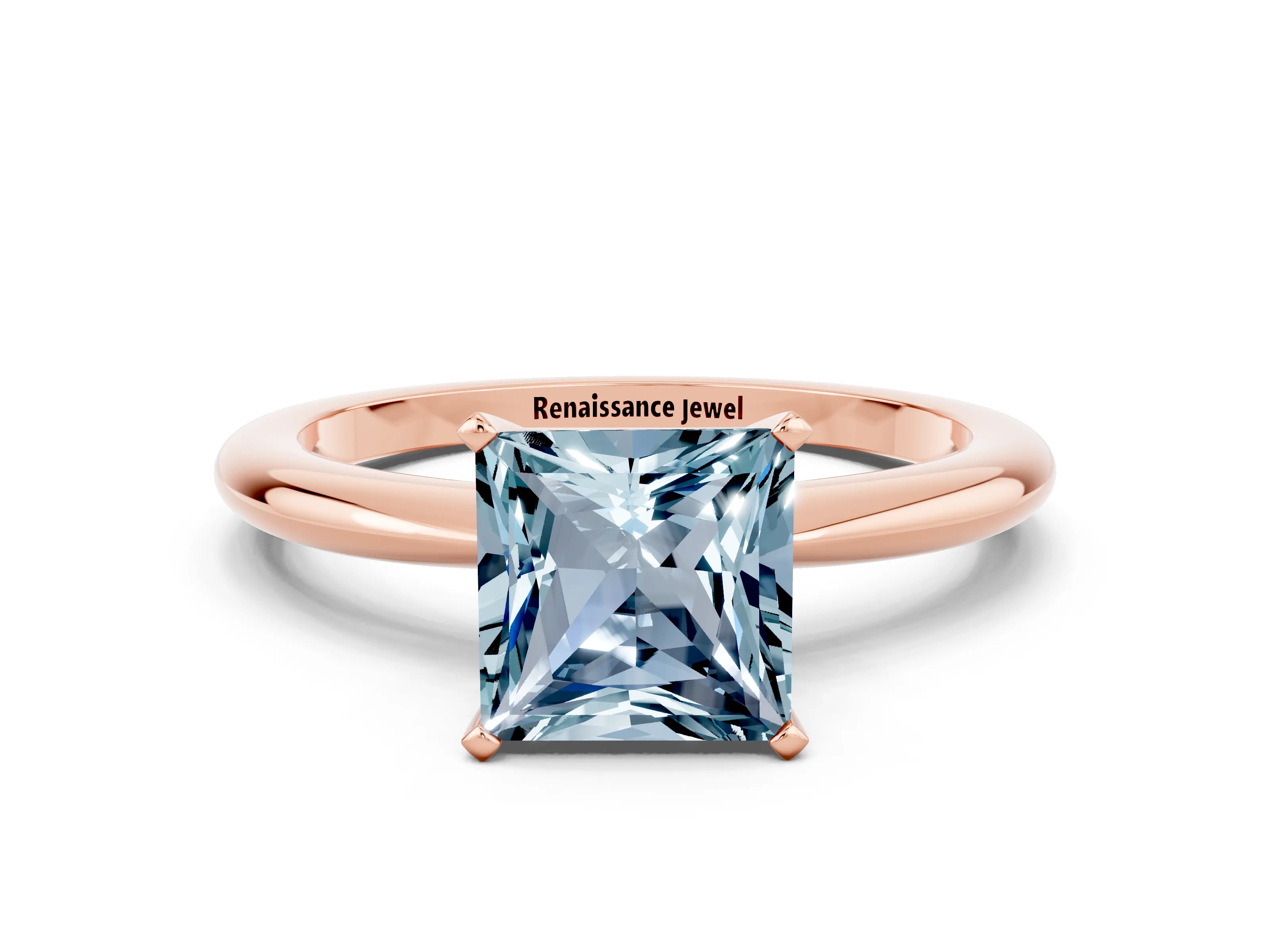 Rose gold Princess Cut Aquamarine Solitaire Ring with Six-Prong Setting and Classic Band