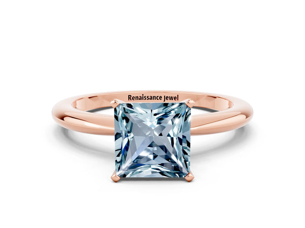Rose gold Princess Cut Aquamarine Solitaire Ring with Six-Prong Setting and Classic Band