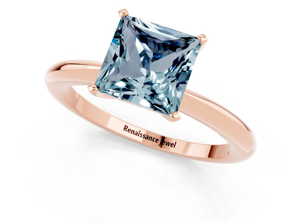 Rose gold Princess Cut Aquamarine Solitaire Ring with Six-Prong Setting and Classic Band