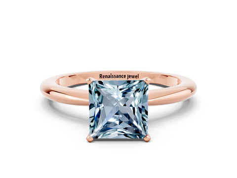 Rose gold Princess Cut Aquamarine Solitaire Ring with Six-Prong Setting and Classic Band