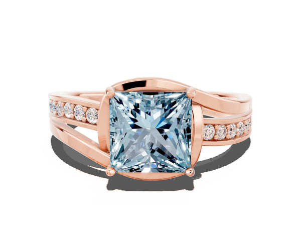 Rose gold Princess Cut Aquamarine Solitaire Ring with Split Shank and Prong Setting