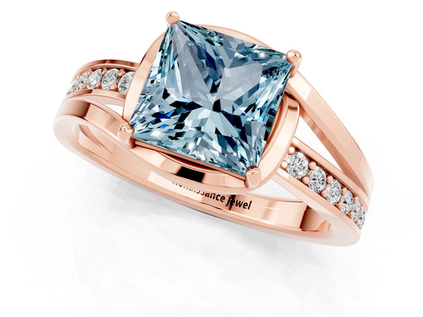 Rose gold Princess Cut Aquamarine Solitaire Ring with Split Shank and Prong Setting