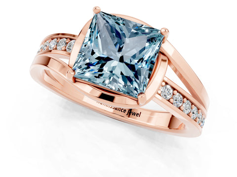 Rose gold Princess Cut Aquamarine Solitaire Ring with Split Shank and Prong Setting_1