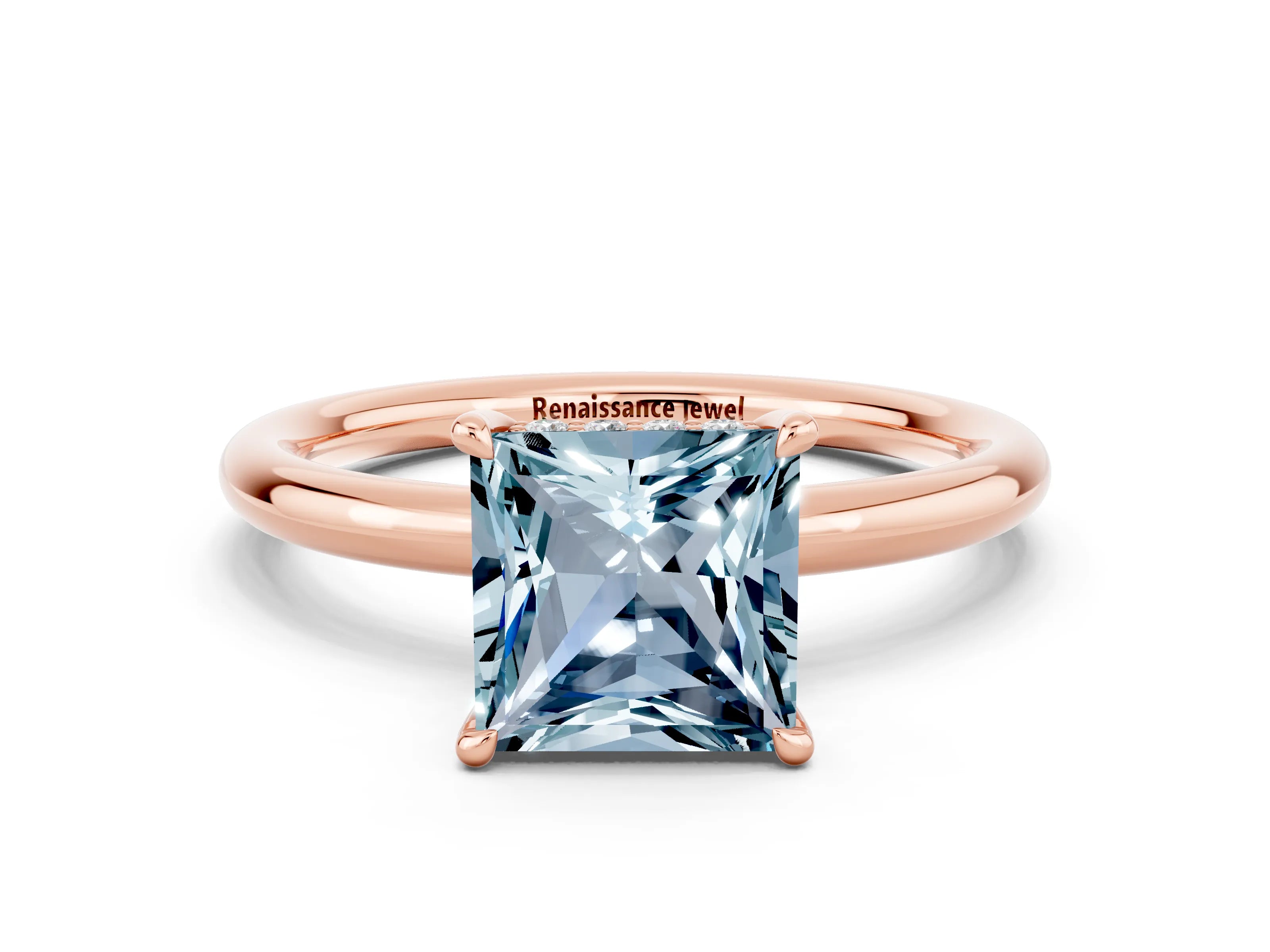 Rose gold Princess Cut Aquamarine Solitaire Ring with Thin Band and Four-Prong Setting