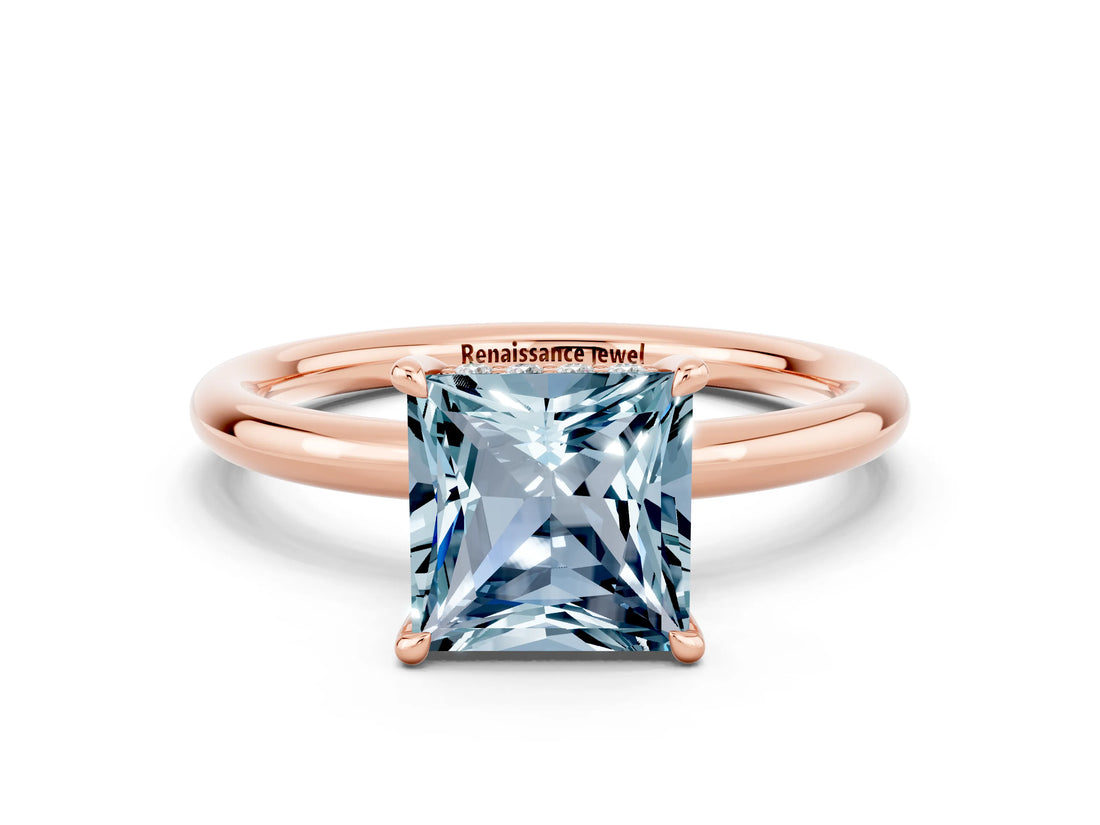 Rose gold Princess Cut Aquamarine Solitaire Ring with Thin Band and Four-Prong Setting