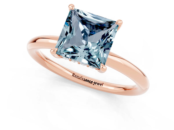 Rose gold Princess Cut Aquamarine Solitaire Ring with Thin Band and Four-Prong Setting