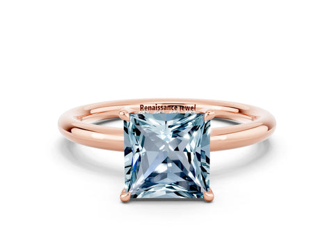 Rose gold Princess Cut Aquamarine Solitaire Ring with Thin Band and Four-Prong Setting