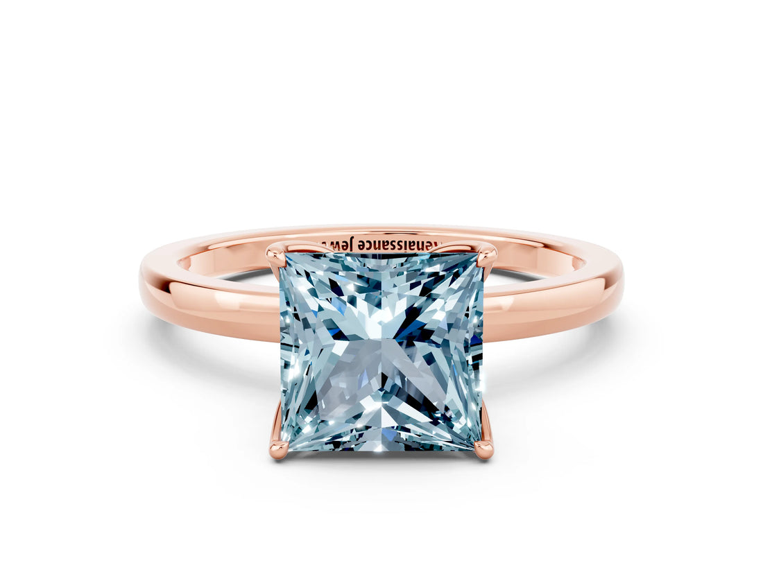 Rose gold Princess Cut Aquamarine Solitaire Ring with Thin Band and Prong Setting_12