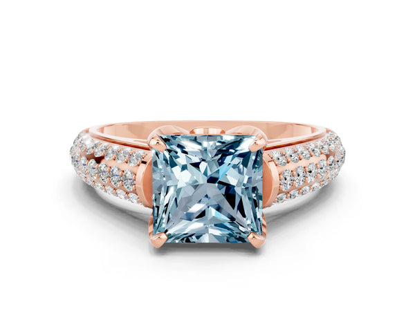 Rose gold Princess Cut Aquamarine Solitaire Ring with Three-Row Pavé Band and Four-Prong Setting