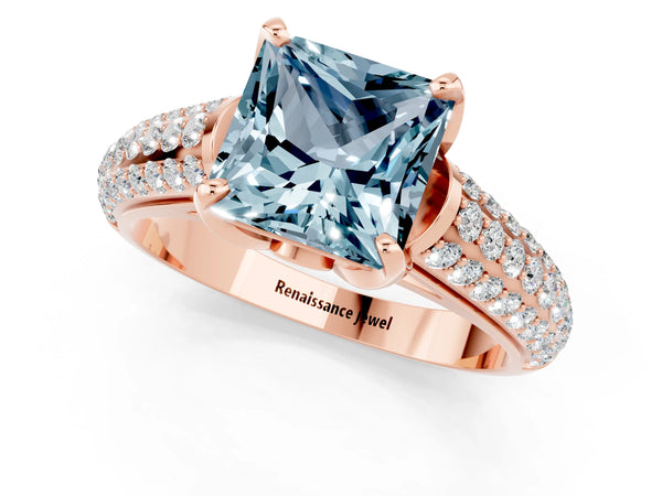 Rose gold Princess Cut Aquamarine Solitaire Ring with Three-Row Pavé Band and Four-Prong Setting