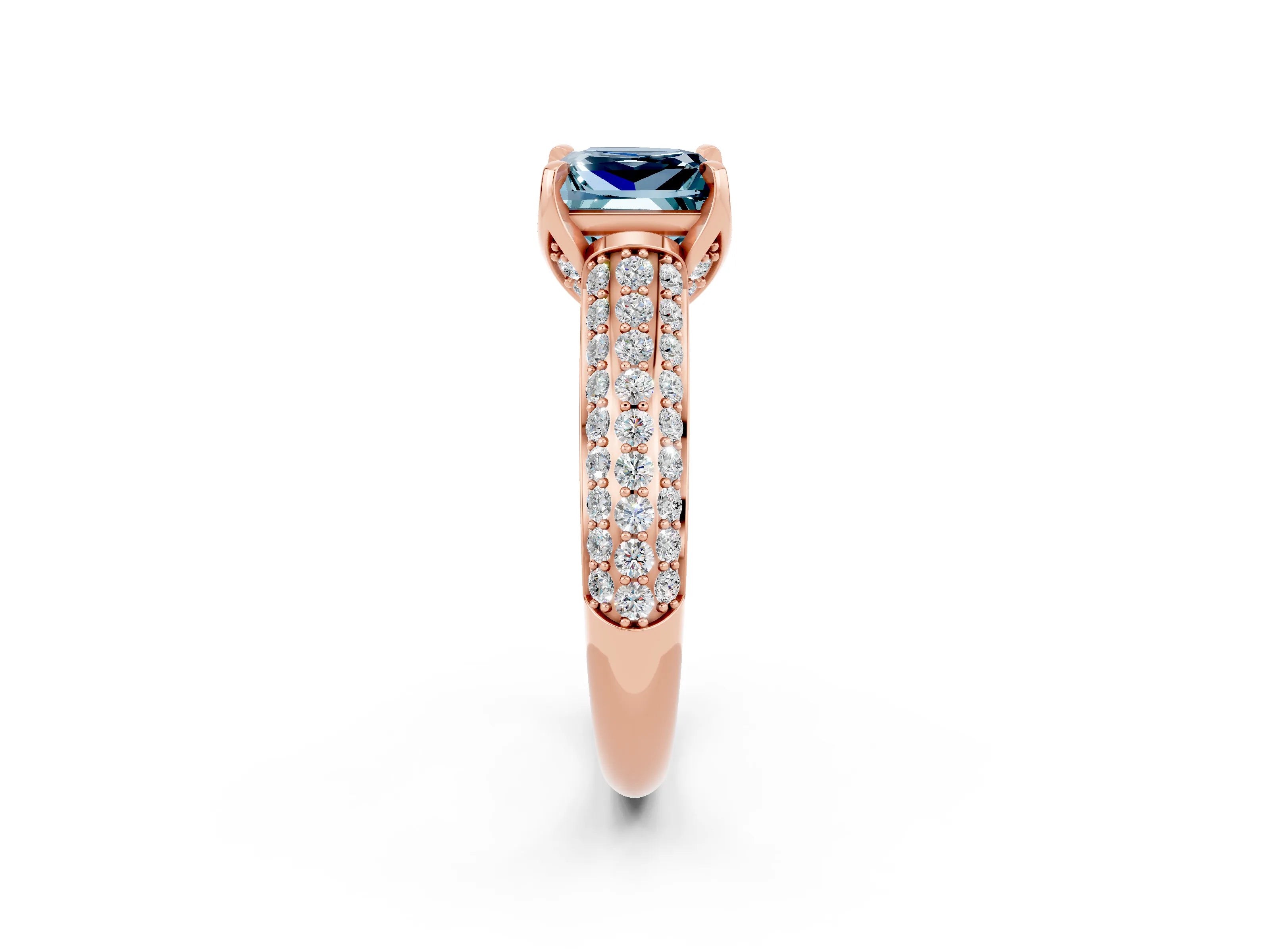 Rose gold Princess Cut Aquamarine Solitaire Ring with Three-Row Pavé Band and Four-Prong Setting_14