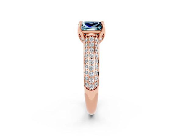 Rose gold Princess Cut Aquamarine Solitaire Ring with Three-Row Pavé Band and Four-Prong Setting