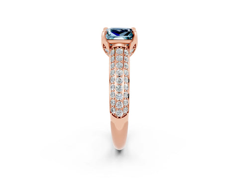 Rose gold Princess Cut Aquamarine Solitaire Ring with Three-Row Pavé Band and Four-Prong Setting_14