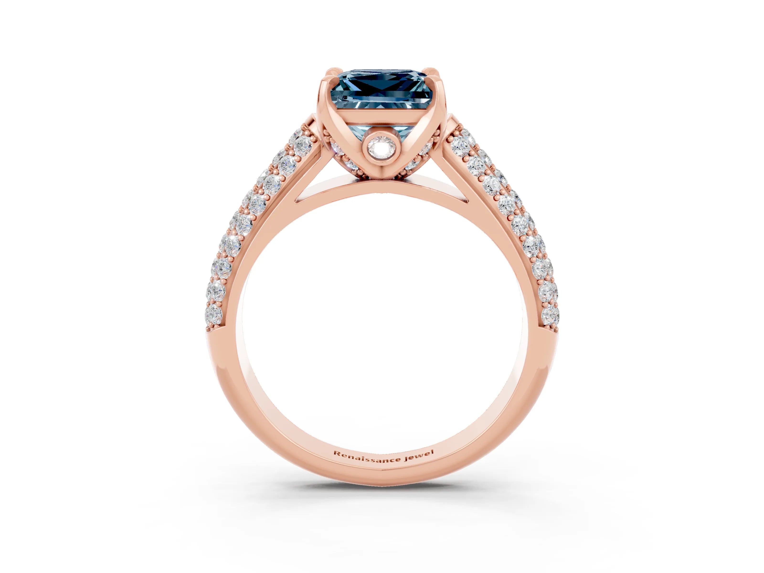 Rose gold Princess Cut Aquamarine Solitaire Ring with Three-Row Pavé Band and Four-Prong Setting_15