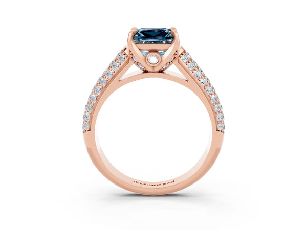 Rose gold Princess Cut Aquamarine Solitaire Ring with Three-Row Pavé Band and Four-Prong Setting
