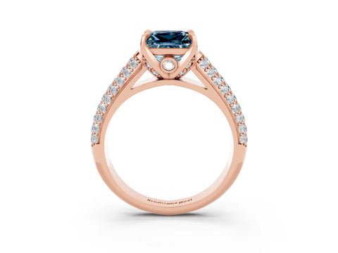 Rose gold Princess Cut Aquamarine Solitaire Ring with Three-Row Pavé Band and Four-Prong Setting_15