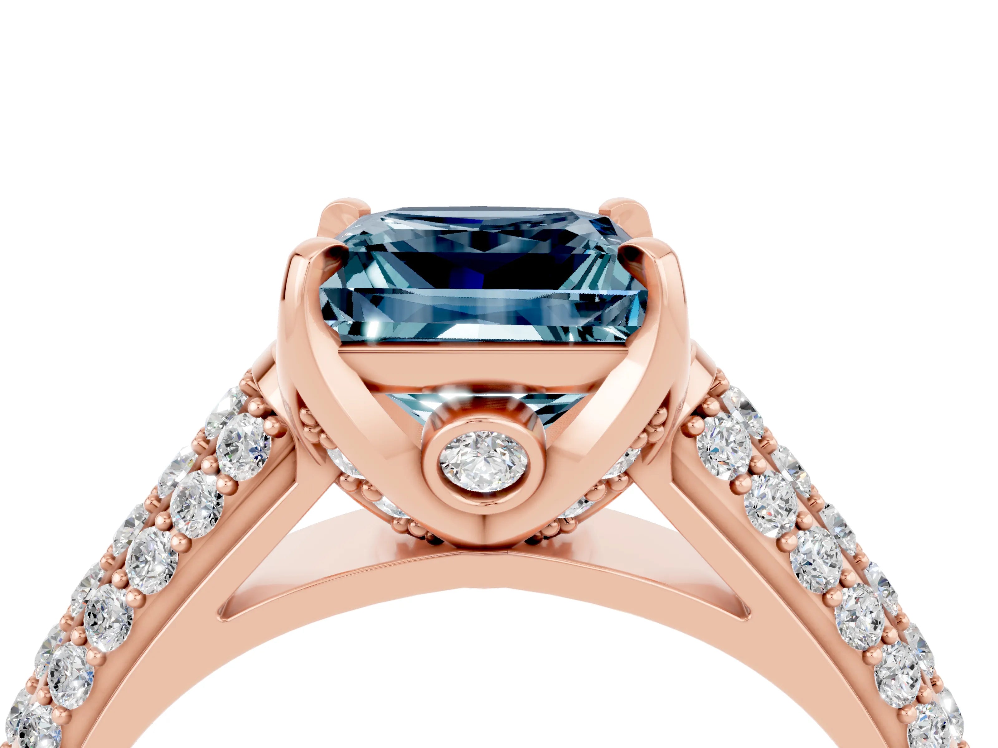 Rose gold Princess Cut Aquamarine Solitaire Ring with Three-Row Pavé Band and Four-Prong Setting_16