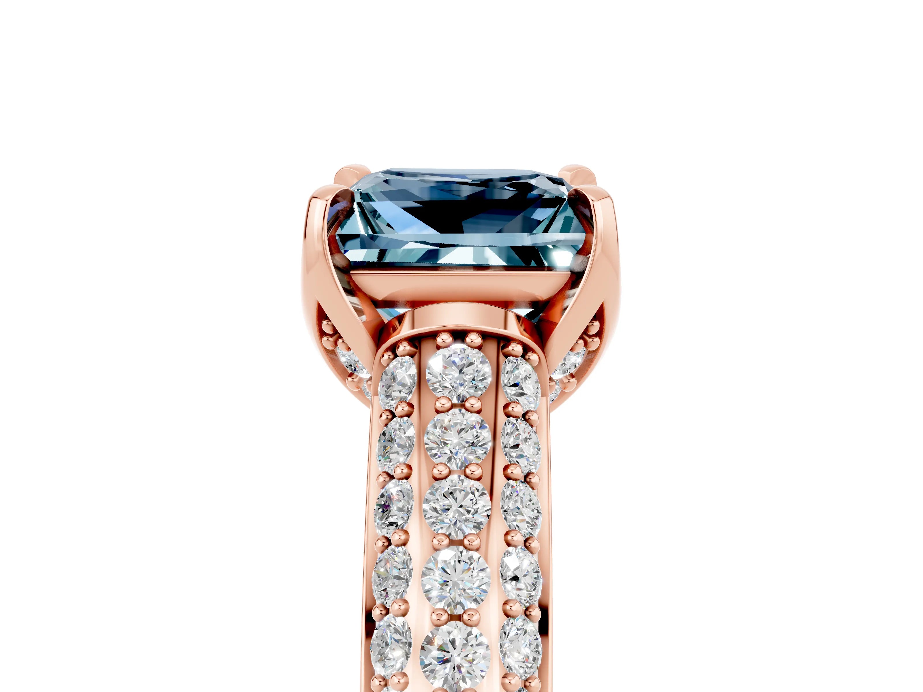 Rose gold Princess Cut Aquamarine Solitaire Ring with Three-Row Pavé Band and Four-Prong Setting_17