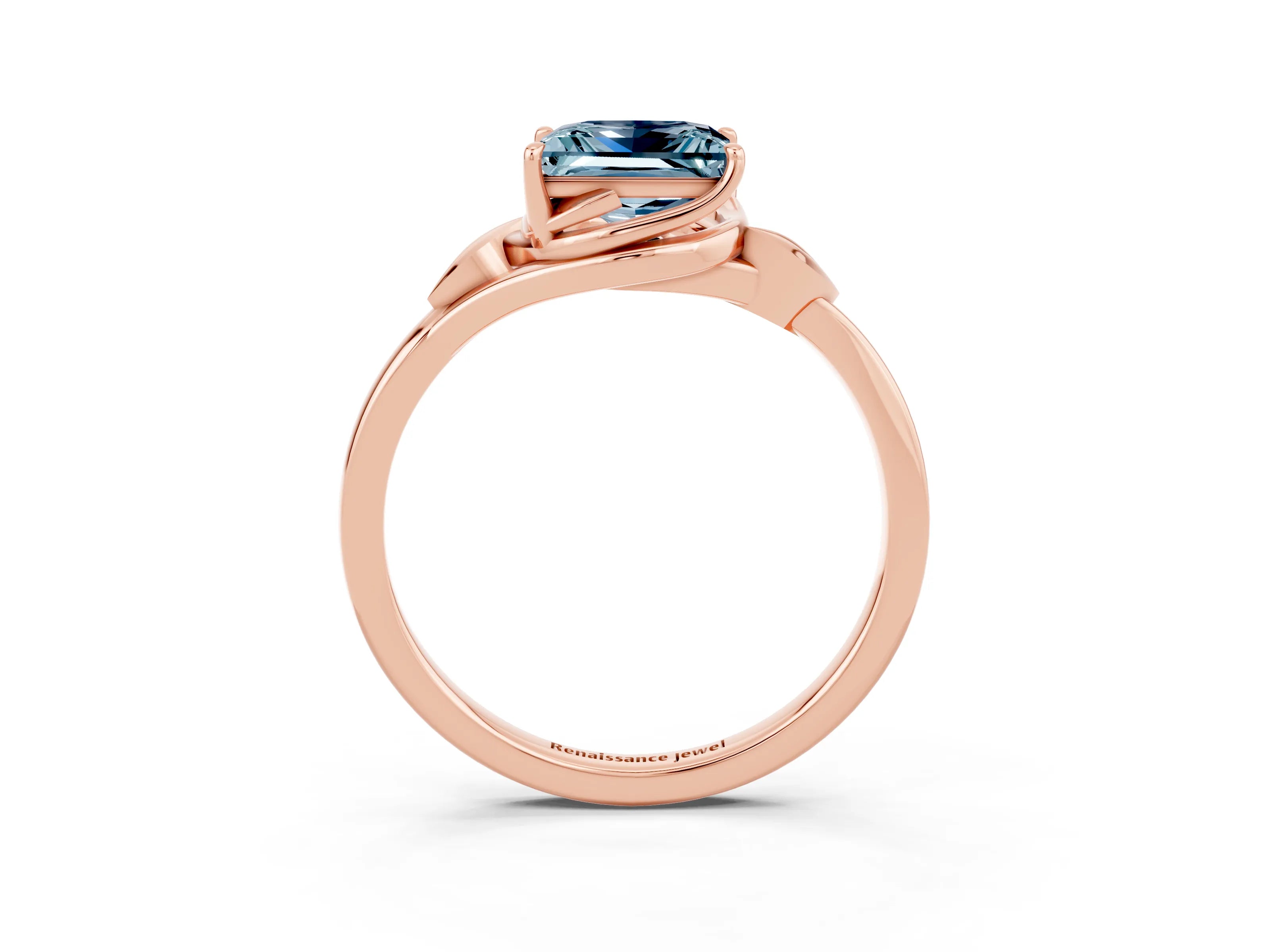 Rose gold Princess Cut Aquamarine Solitaire Ring with Twist Band and Four-Prong Setting_27