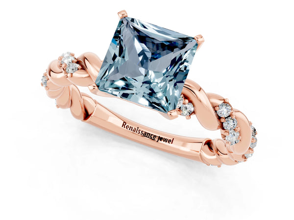 Rose gold Princess Cut Aquamarine Solitaire Ring with Twisted Band and Pavé Accents