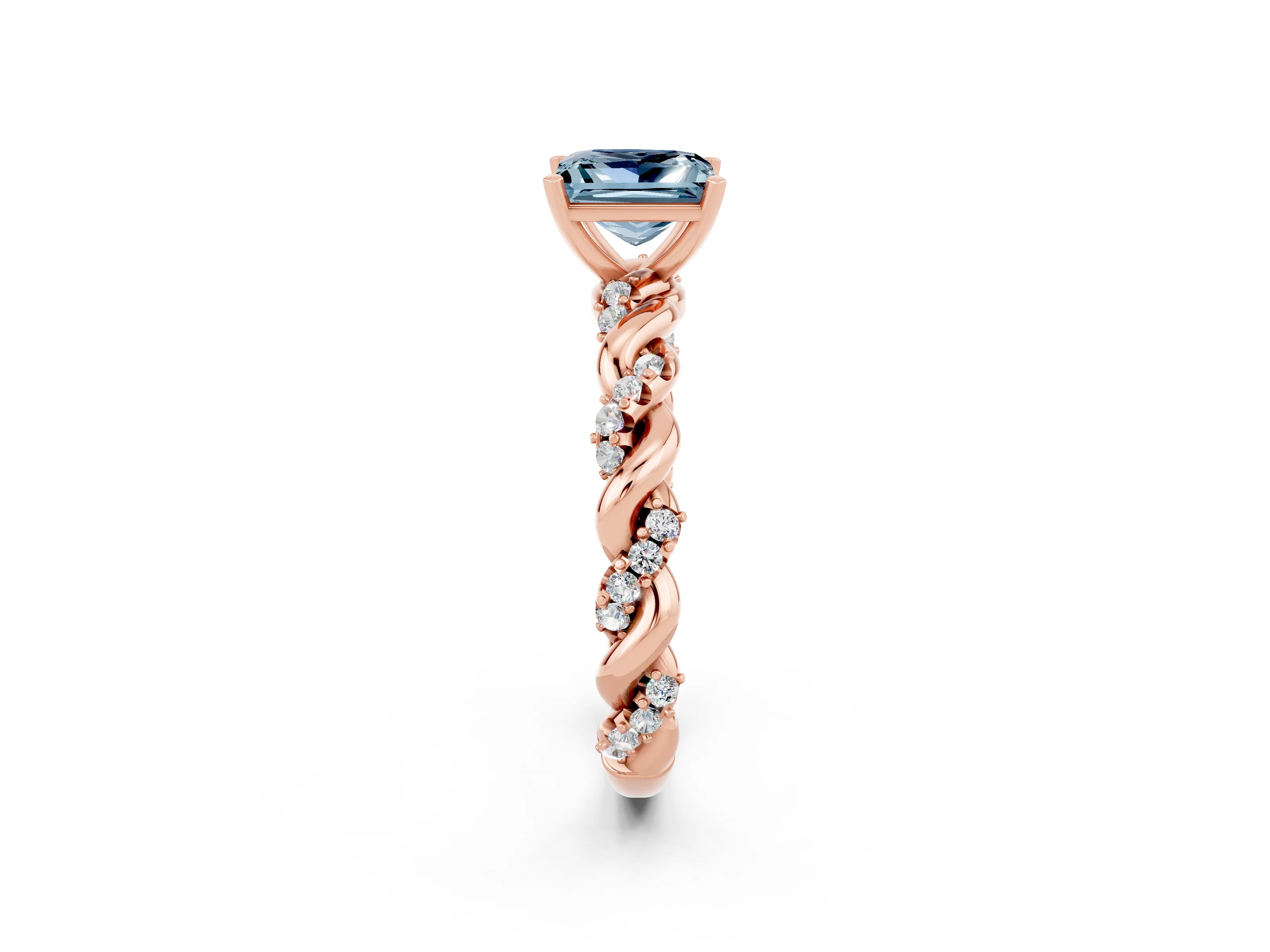 Rose gold Princess Cut Aquamarine Solitaire Ring with Twisted Band and Pavé Accents_2