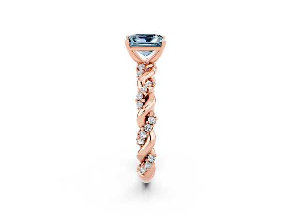 Rose gold Princess Cut Aquamarine Solitaire Ring with Twisted Band and Pavé Accents