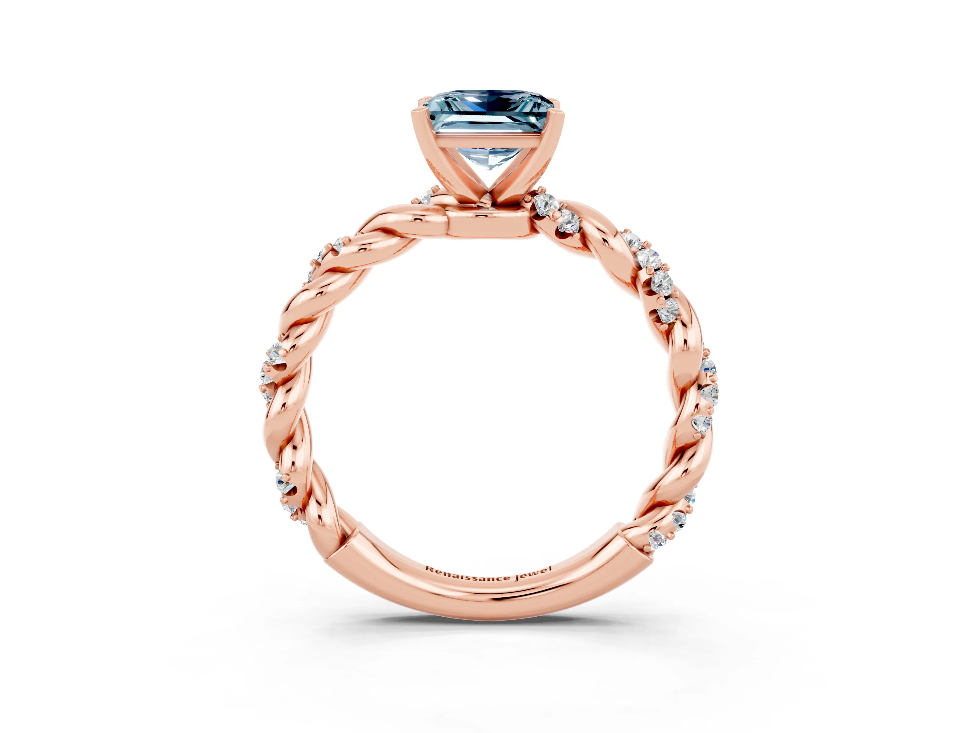 Rose gold Princess Cut Aquamarine Solitaire Ring with Twisted Band and Pavé Accents_3