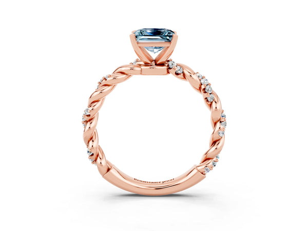 Rose gold Princess Cut Aquamarine Solitaire Ring with Twisted Band and Pavé Accents