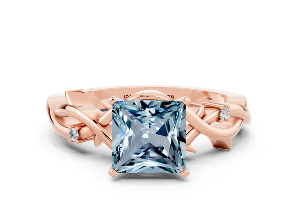 Rose gold Princess Cut Aquamarine Solitaire Ring with Twisted Band and Prong Setting