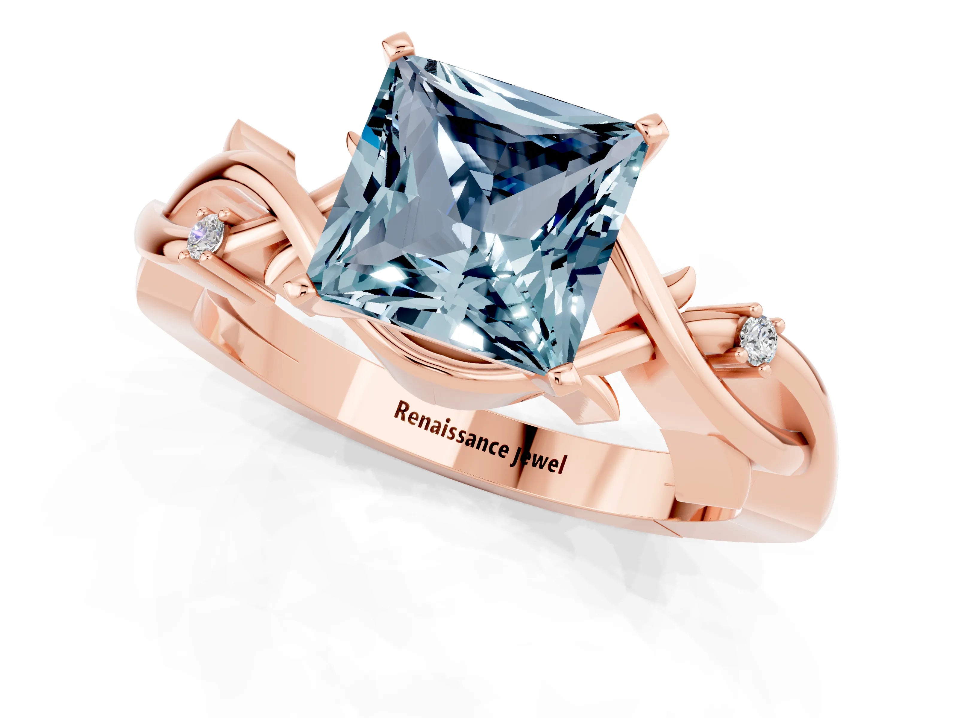 Rose gold Princess Cut Aquamarine Solitaire Ring with Twisted Band and Prong Setting_1