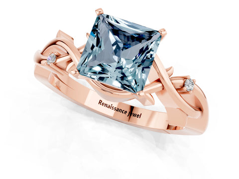Rose gold Princess Cut Aquamarine Solitaire Ring with Twisted Band and Prong Setting_1