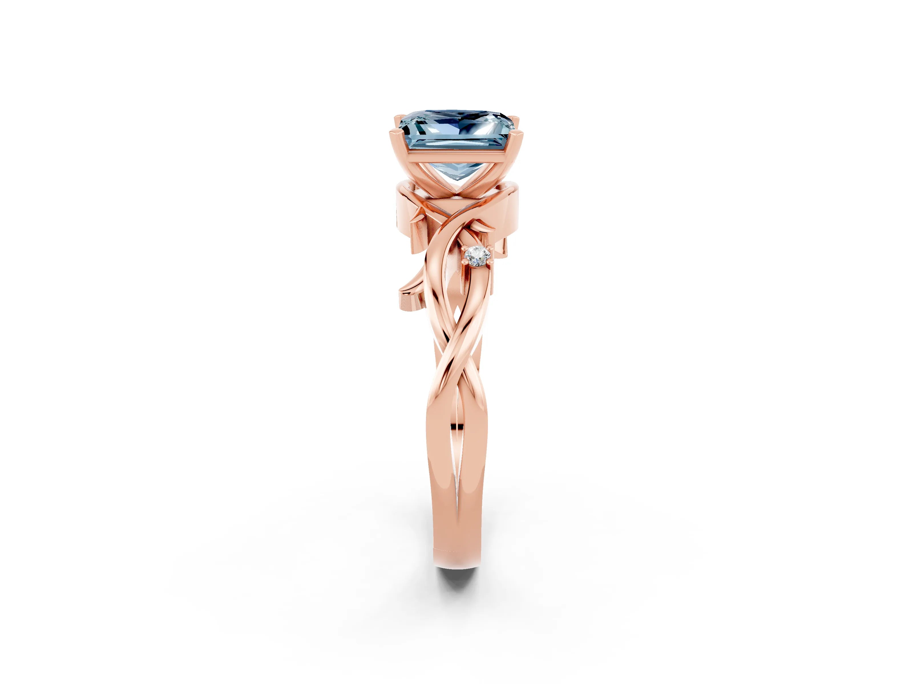 Rose gold Princess Cut Aquamarine Solitaire Ring with Twisted Band and Prong Setting_2