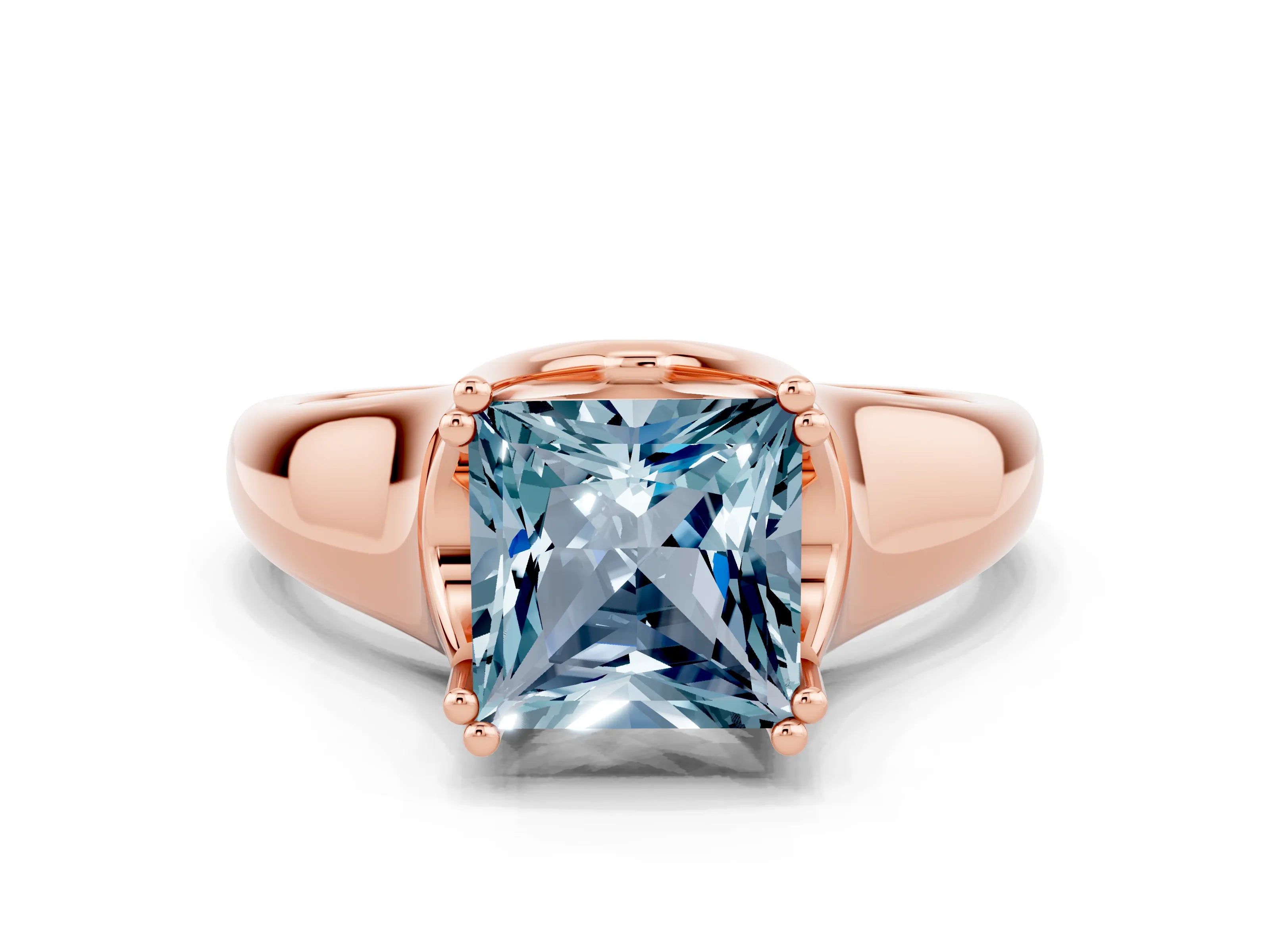 Rose gold Princess Cut Aquamarine Solitaire Ring with Wide Band and Prong Setting