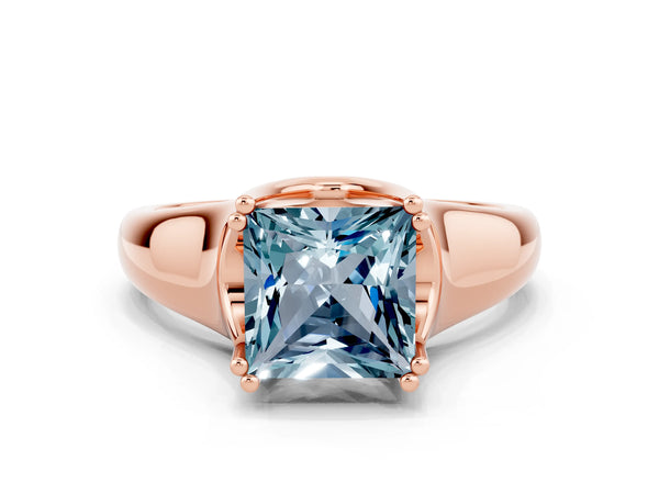 Rose gold Princess Cut Aquamarine Solitaire Ring with Wide Band and Prong Setting