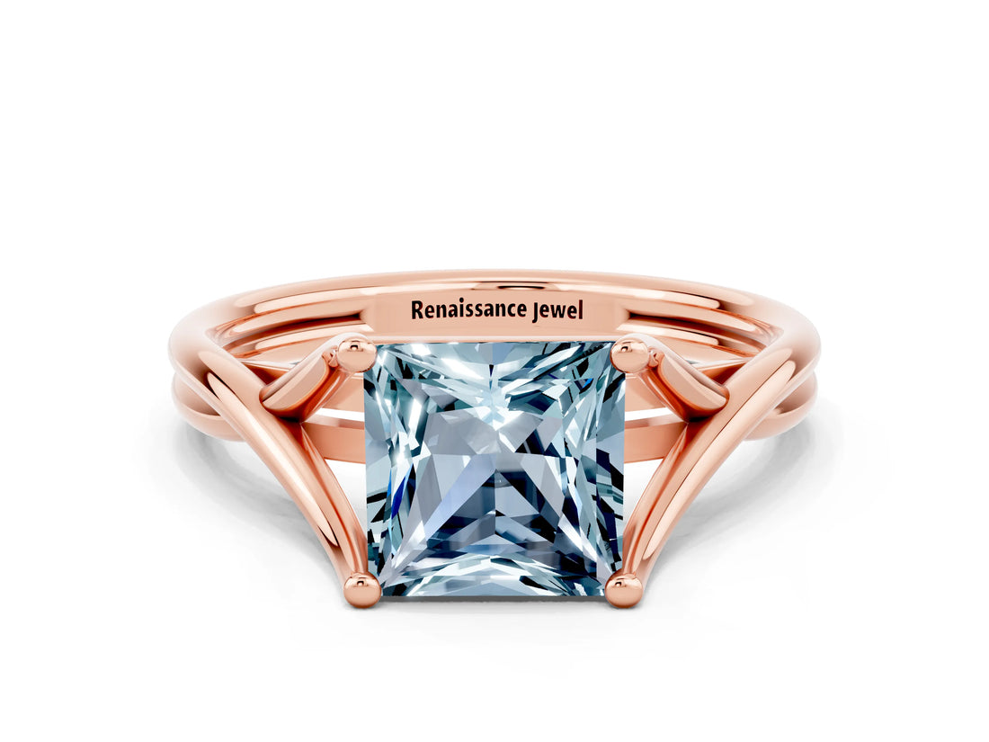 Rose gold Princess Cut Aquamarine Solitaire Twist Band Prong Setting Ring_36