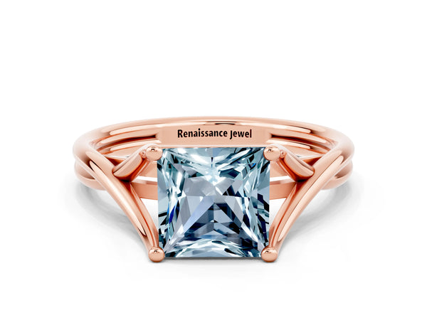 Rose gold Princess Cut Aquamarine Solitaire Twist Band Prong Setting Ring