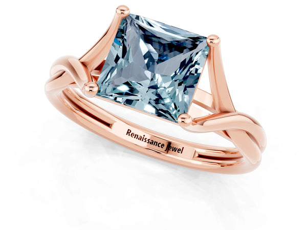 Rose gold Princess Cut Aquamarine Solitaire Twist Band Prong Setting Ring