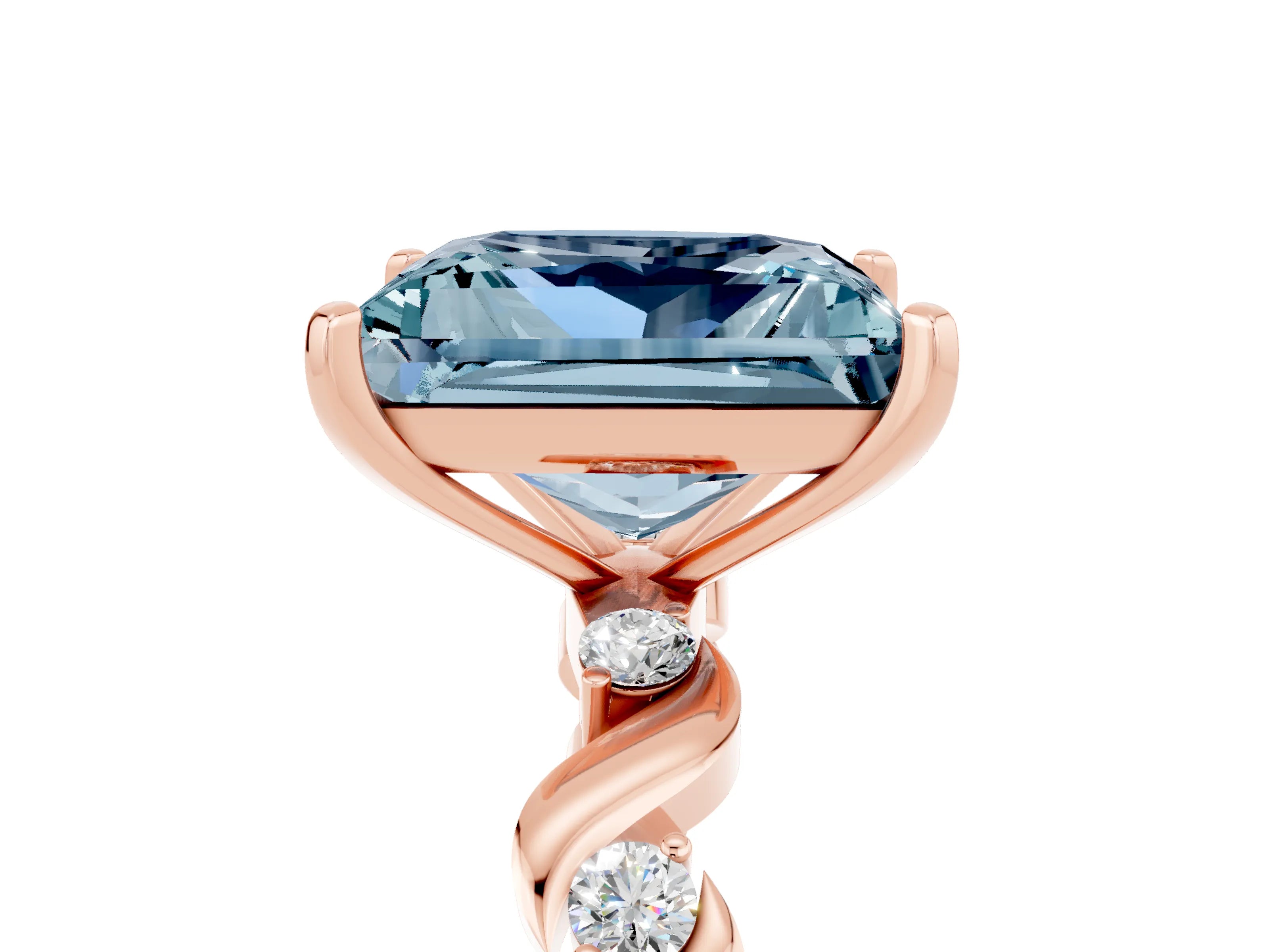 Rose gold Princess Cut Aquamarine Solitaire Twisted Band with Round  Accents and Prong Setting_17