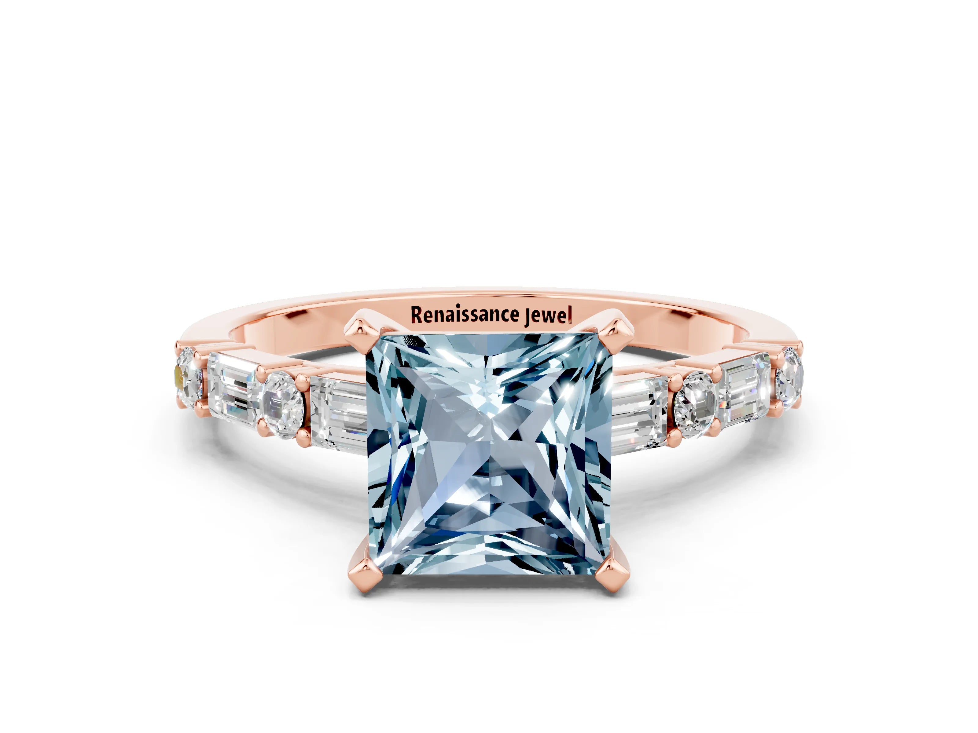 Rose gold Princess Cut Aquamarine Solitaire with Side Baguettes and Channel Set Band