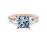 Rose gold Princess Cut Aquamarine Solitaire with Side Baguettes and Channel Set Band